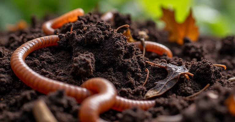 Close-up of rich compost with visible earthworms.