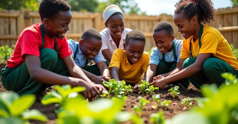 Teachers and students working together in a school garden.