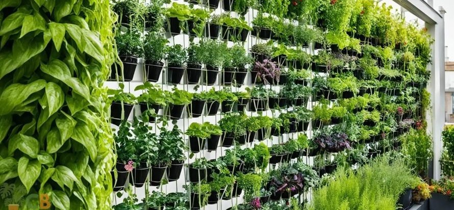 A vertical garden setup with various herbs and vegetables growing on a wall.